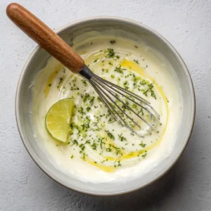 Préparation base crémeuse verrines crevettes kiwis - mélange crème fraîche citron ciboulette dans saladier