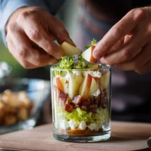 Étapes de montage des verrines sucré-salé : assemblage salade, pomme, chèvre, jambon