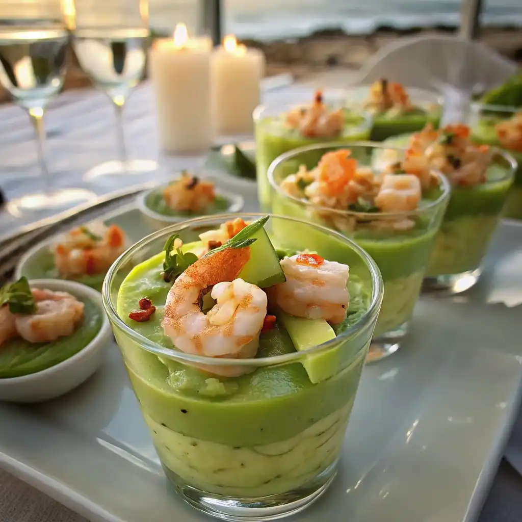 Service dîner romantique verrine avocat crevettes sur table élégante nappe blanche vue mer coucher soleil ambiance sophistiquée restaurant gastronomique