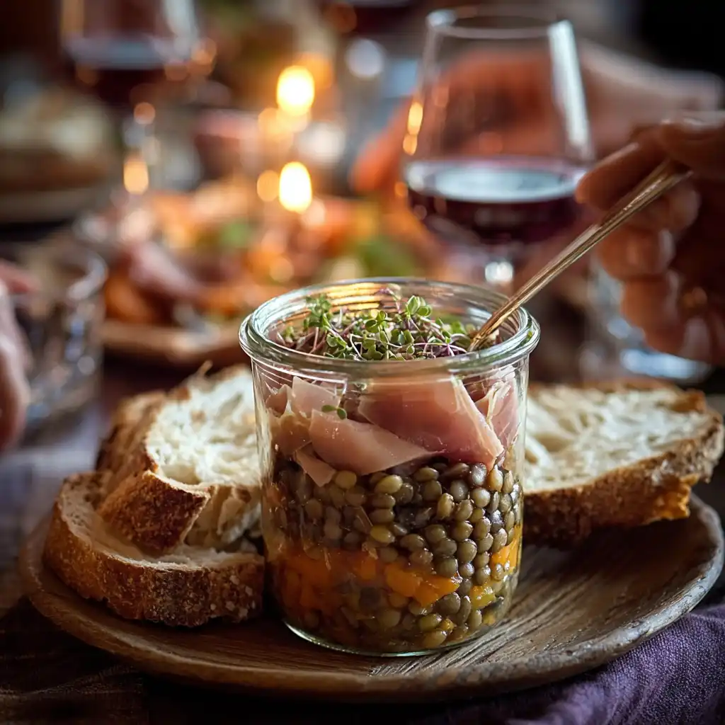 Service bistrot convivial verrine jambon lentilles sur table bois massif avec pain artisanal croûte dorée vin rouge terroir ambiance chaleureuse française authentique