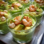 Verrine avocat crevettes sophistiquée mousse vert pâle avec crevettes roses cuites et segments pamplemousse ruby sur assiettes nacrées élégantes