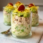 Verrine avocat thon healthy verte crémeuse avec morceaux de thon blanc et zeste citron sur assiettes modernes blanches
