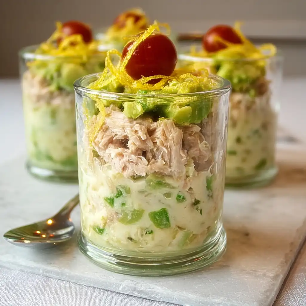 Verrine avocat thon healthy verte crémeuse avec morceaux de thon blanc et zeste citron sur assiettes modernes blanches