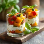 Verrine chèvre poivrons méditerranéenne élégante avec mousse blanche et poivrons colorés sur marbre blanc - recette Chef Benoît