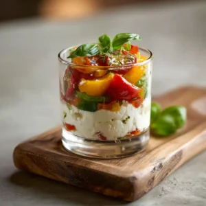 Verrine chèvre poivrons méditerranéenne avec mousse crémeuse blanche et cubes de poivrons rouges et verts sur marbre blanc - recette signature Chef Benoît