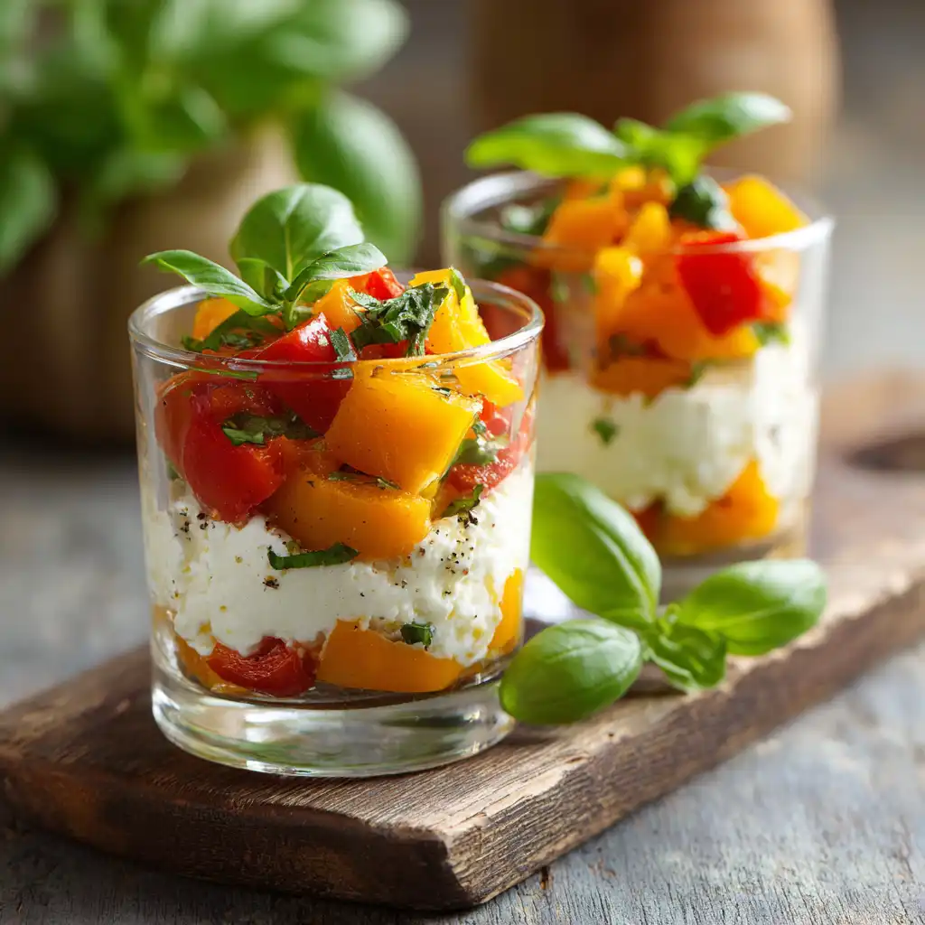 Verrine chèvre poivrons méditerranéenne élégante avec mousse blanche et poivrons colorés sur marbre blanc - recette Chef Benoît