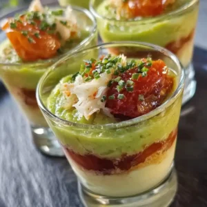 Verrines apéritives élégantes avec couches de guacamole, crème fraîche citronnée, tomates confites et chair de crabe - recette facile Chef Benoît 15 minutes