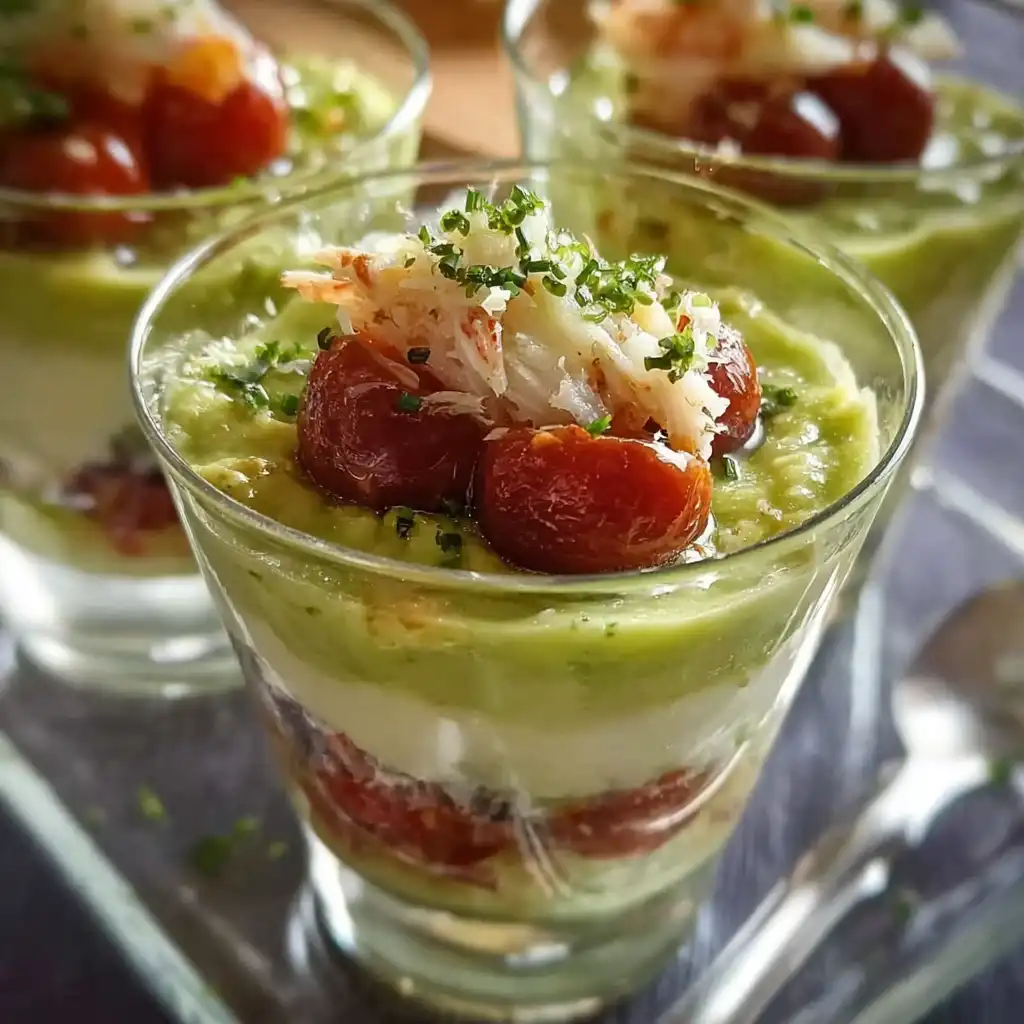 Verrines apéritives élégantes avec guacamole, crème fraîche et crabe préparées par Chef Benoît - recette facile en 15 minutes