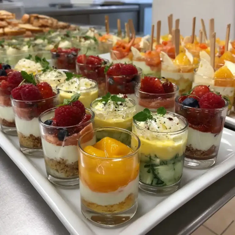 Assortiment de verrines apéritives gourmandes et raffinées, sucrées et salées, idéales pour un buffet festif