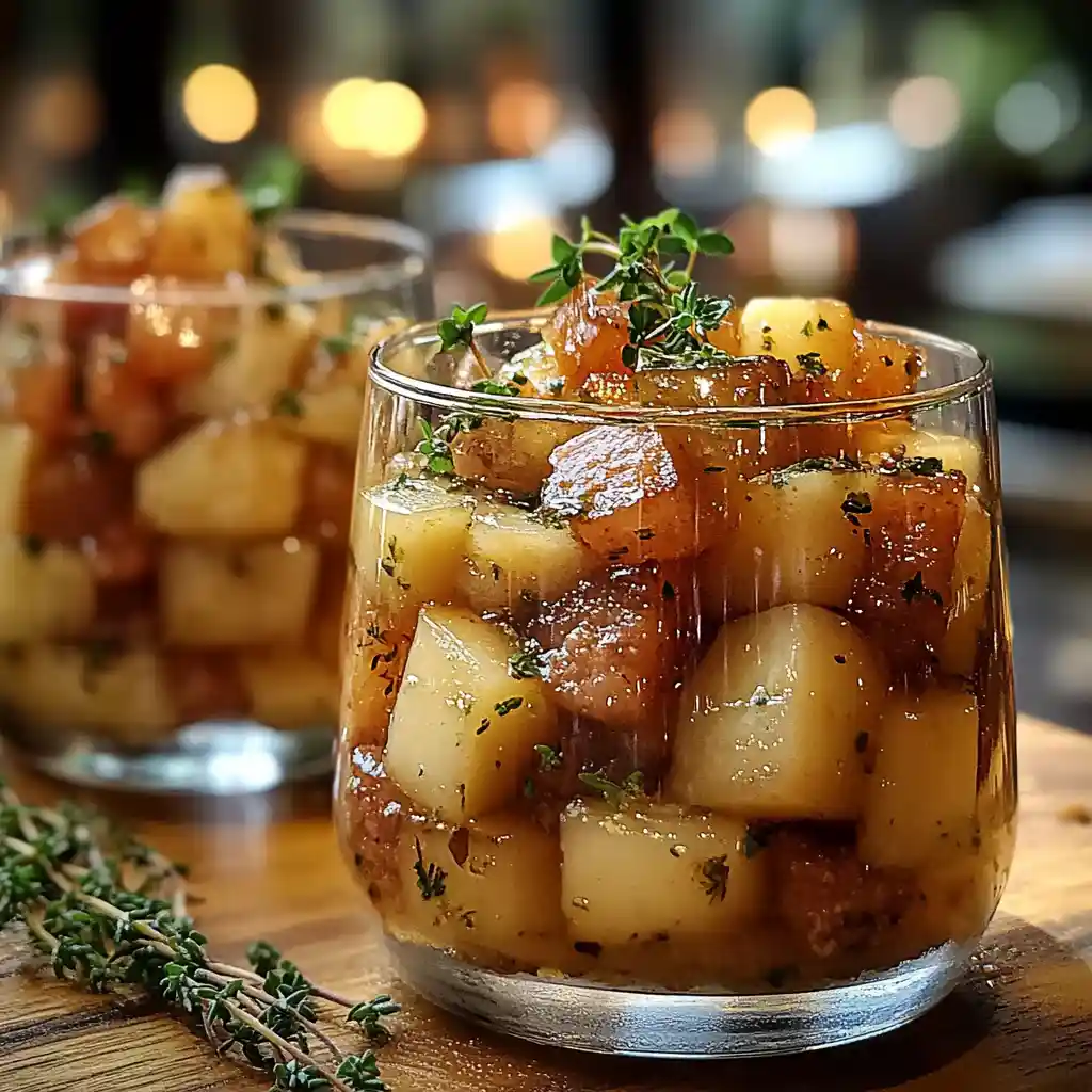 Verrine apéritive au foie gras et poires caramélisées, parfumée au miel, beurre demi-sel et épices