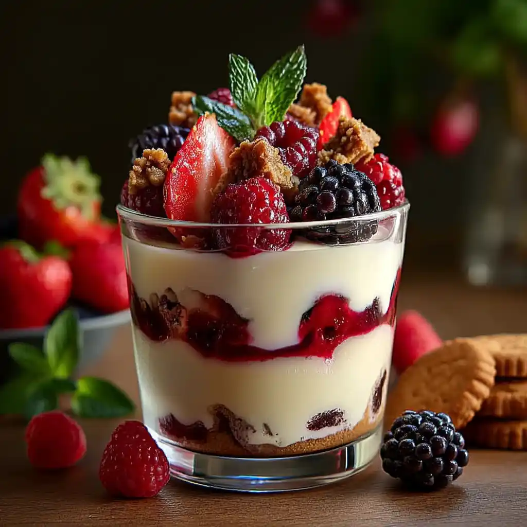 Tiramisu aux fruits rouges en verrine, mascarpone crémeux, coulis acidulé et zeste de citron vert