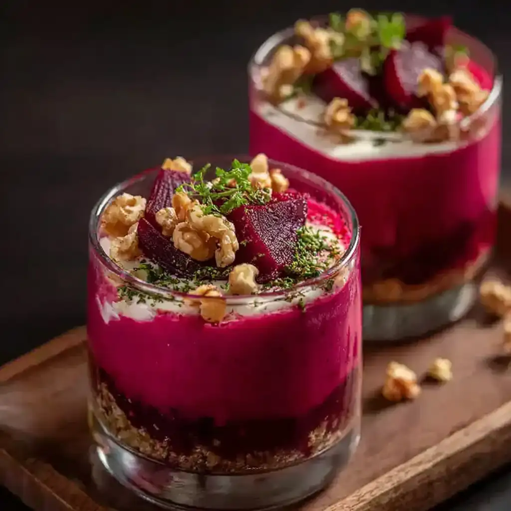 Verrine à la betterave cuite, fromage ail et fines herbes, crème onctueuse, miel, vinaigre balsamique et noix croquantes