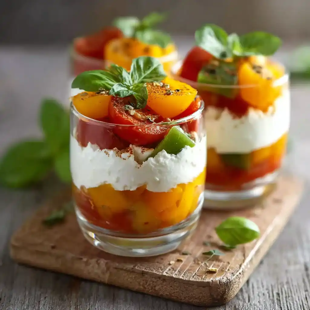 Verrine apéritive au fromage de chèvre crémeux et poivrons rouges et verts frais, décorée d’une touche de paprika