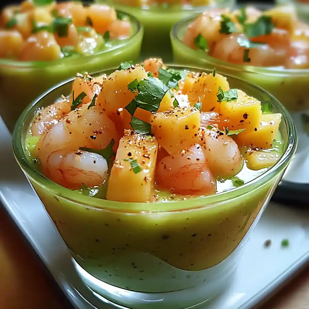 Verrine apéritive avocat crevettes au pamplemousse frais, assaisonnée de tabasco et poivre blanc