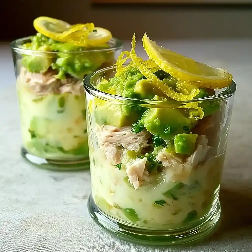Verrine apéritive avocat et thon frais, relevée de jus et zeste de citron, touche de mayonnaise et tabasco