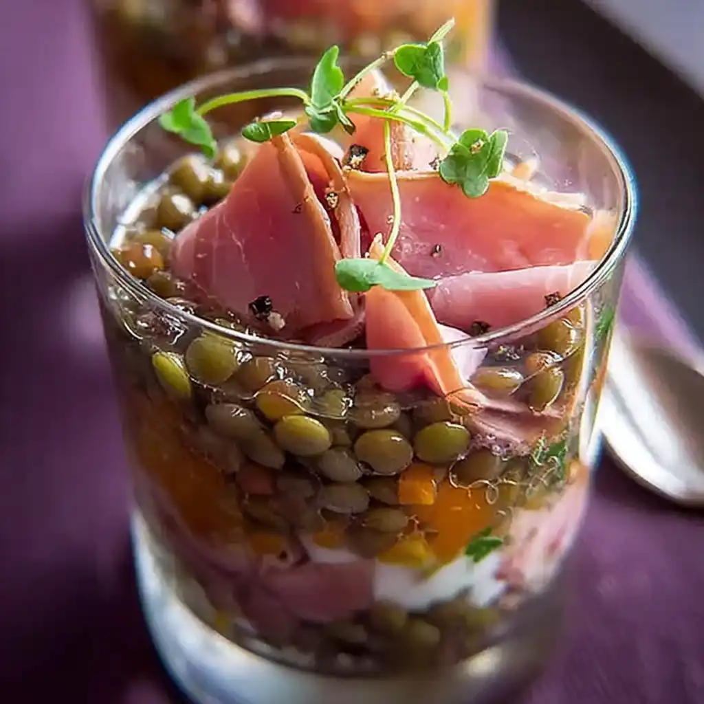 Verrine apéritive au jambon fumé artisanal et lentilles vertes du Puy, assaisonnée d’huile d’olive et herbes fraîches
