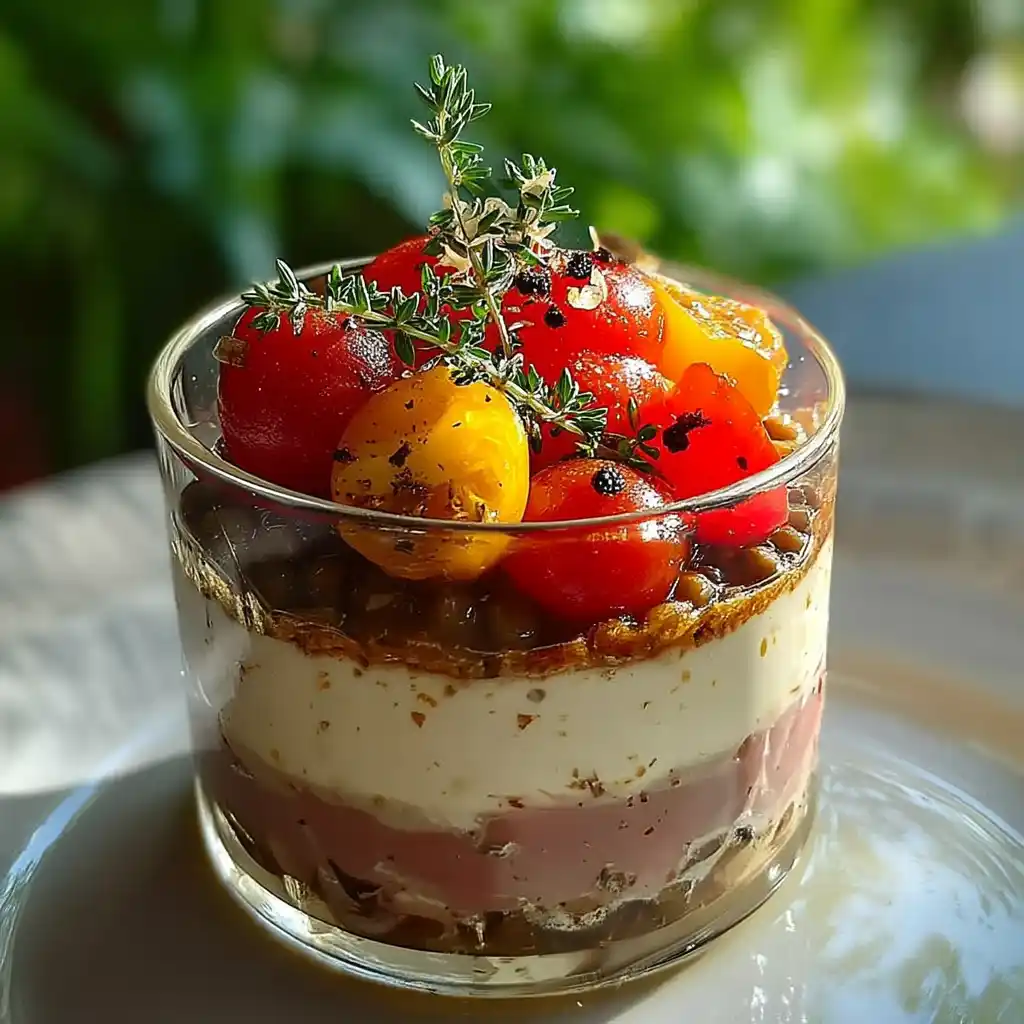 Verrine mousse de jambon au filet de poulet, lentilles blondes et tomates fraîches, apéritif gourmand et raffiné