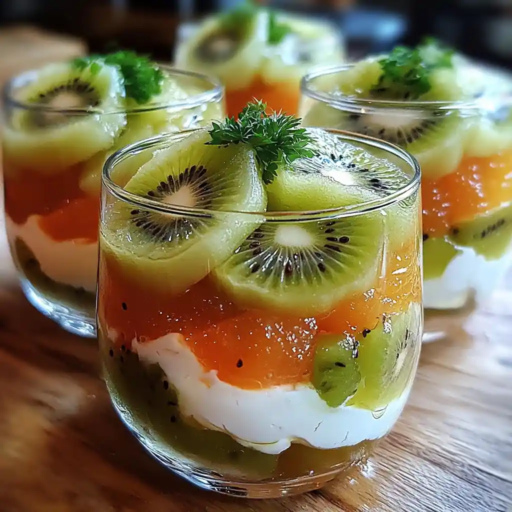 Verrines bicolores kiwi et saumon fumé, garnies de sauce crémeuse à la ciboulette et jus de citron