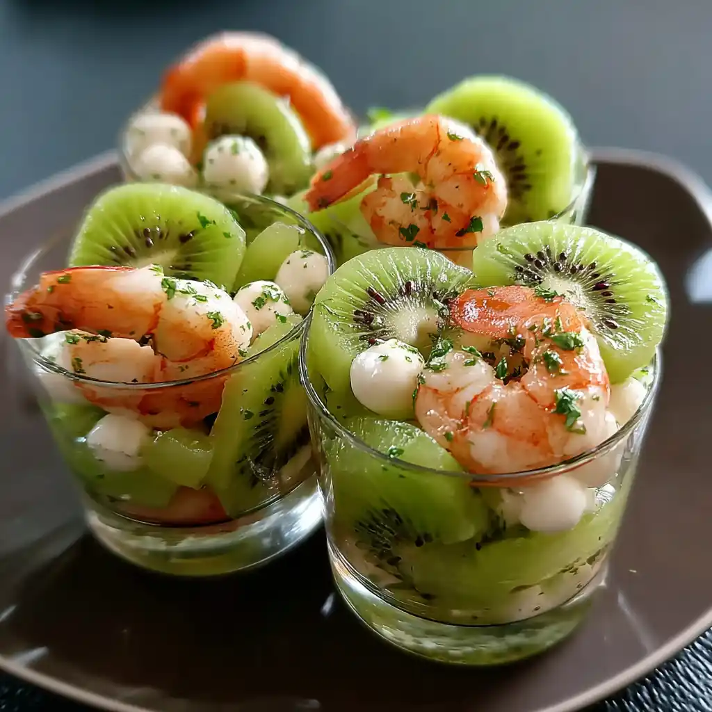 Verrines apéritives aux crevettes et kiwis frais, crème légère et salade verte, décorées de ciboulette