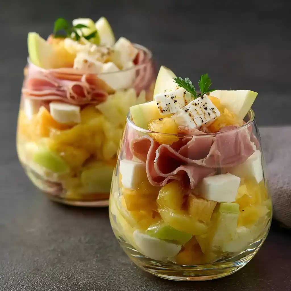 Verrines sucré-salé avec pomme Granny Smith, jambon fumé artisanal et chèvre crémeux sur lit de jeunes pousses