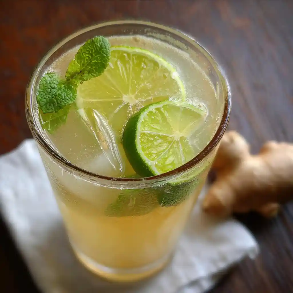 Boisson au gingembre et citron énergisante dans un verre transparent avec tranche de citron frais et gingembre râpé, couleur dorée ambrée