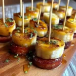 Brochettes chorizo banane caramélisées au miel sur plateau en bois - apéritif sucré salé