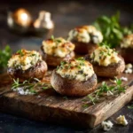 Champignons farcis apéritif dorés au fromage à l'ail disposés sur planche en bois avec herbes fraîches