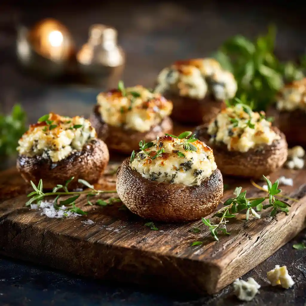 Champignons farcis apéritif dorés au fromage à l'ail disposés sur planche en bois avec herbes fraîches