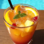 recette cocktail sans alcool coloré dans verres transparents avec dégradés orange et rouge, garni de rondelles d'orange et menthe fraîche