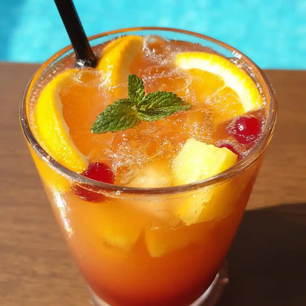 recette cocktail sans alcool coloré dans verres transparents avec dégradés orange et rouge, garni de rondelles d'orange et menthe fraîche