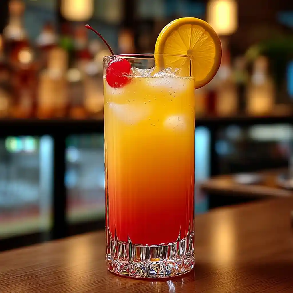 Cocktail sans alcool facile Cendrillon terminé, prêt à servir avec garniture orange et cerise, effet dégradé parfait
