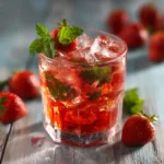 Cocktail sans alcool aux fraises et menthe dans un verre transparent avec glaçons et décoration de menthe fraîche