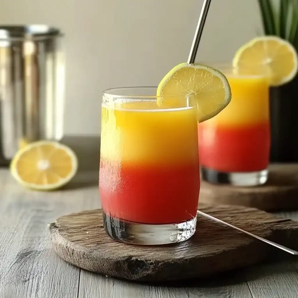 Cocktail sans alcool simple Rio avec dégradé orange-rouge dans un verre long drink, décoré d'un quartier de citron vert sur fond tropical