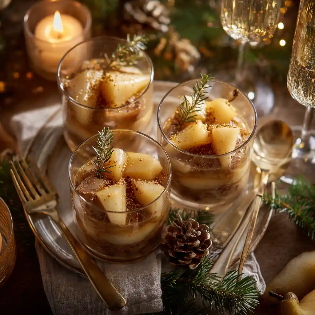 Service élégant d'apéritifs en verrine foie gras et poires sur table de Noël dressée avec champagne