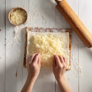 Étape 1 feuilleté apéritif - étalage du gruyère râpé sur pâte feuilletée