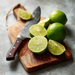 Étape 1 cocktail sans alcool simple Rio : citron vert frais coupé en quartiers sur planche à découper avec couteau de chef