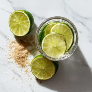 Étape 1 virgin mojito : couper le citron vert en quartiers dans un verre avec sucre roux