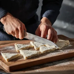 Étape 1 : découper la pâte feuilletée en 16 triangles égaux avec un couteau aiguisé