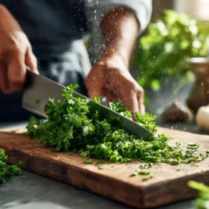 Étape 1 toast apéritif : rinçage et hachage du persil frais pour fromage persillé, technique Chef Benoît