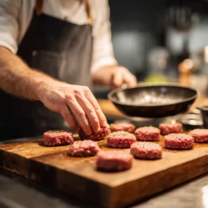 Première étape : façonnage des petites boulettes de viande pour mini hamburgers apéritifs