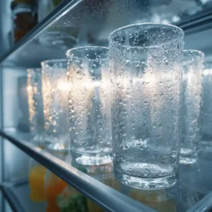Étape 1 cocktail fruits sans alcool : six verres transparents qui refroidissent au réfrigérateur avec gouttelettes de condensation