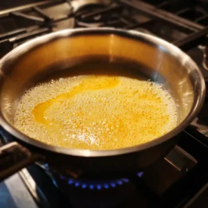 Première étape sauce au fromage : beurre qui fond dans casserole sur feu moyen