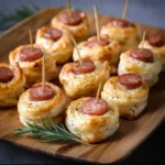 Feuilletés apéritif dorés sur plateau - allumettes au fromage et feuilletés à la saucisse par Chef Benoît