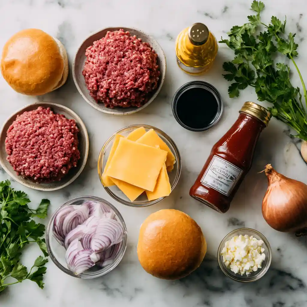 Tous les ingrédients pour mini hamburgers apéritifs : pains, viande hachée, fromage, échalotes, coriandre et sauces