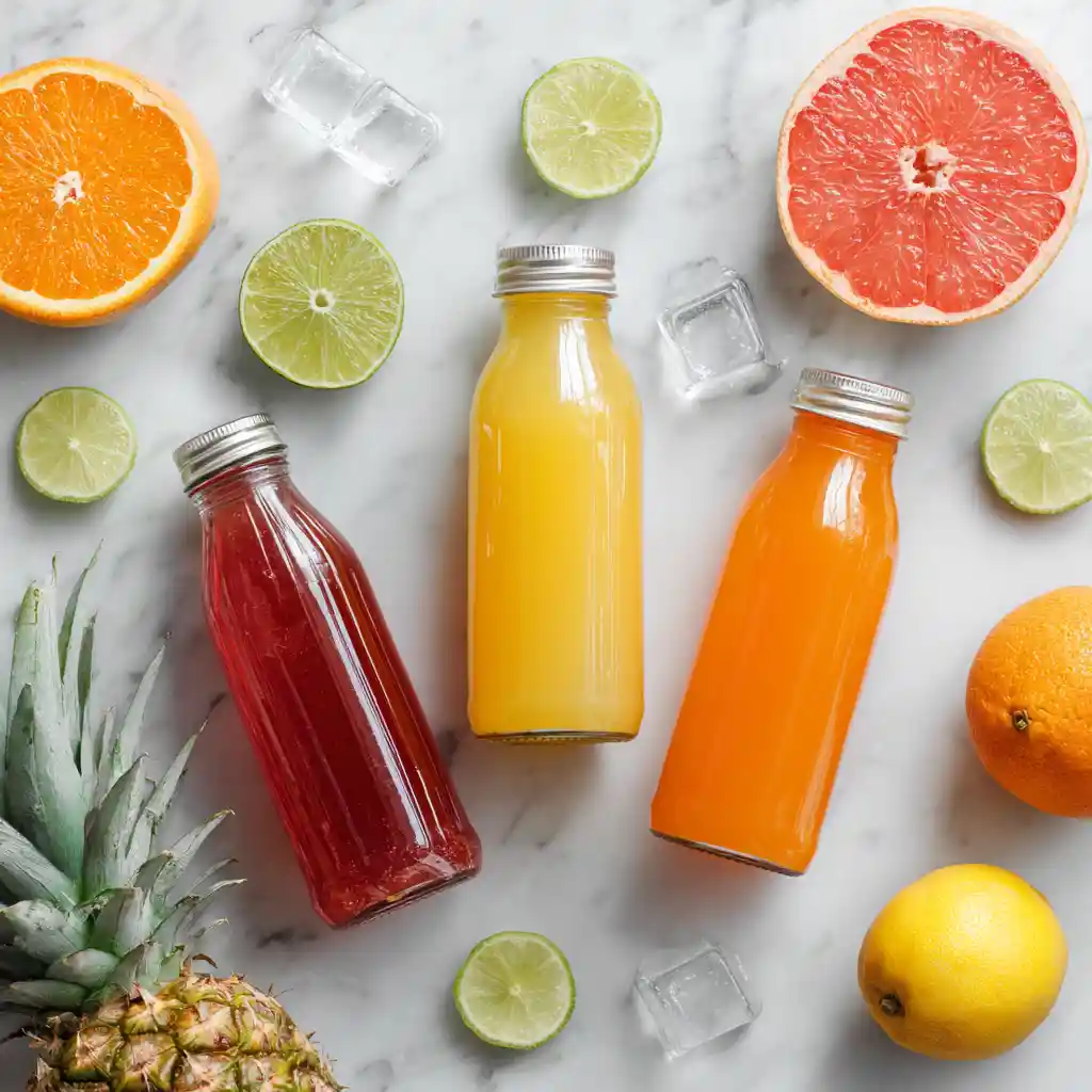 recette cocktail sans alcool ingrédients : bouteilles de jus de pamplemousse, orange, citron, ananas, grenadine et limonade