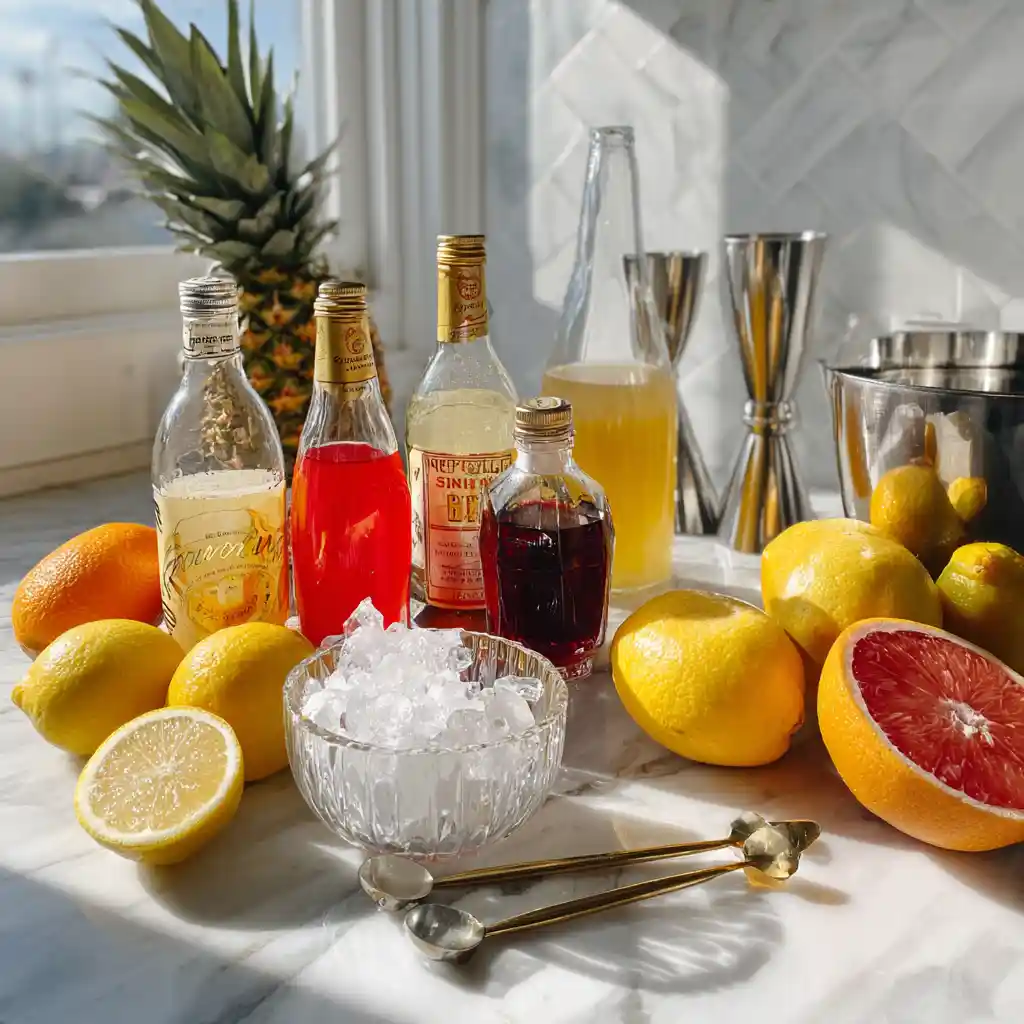  Tous les ingrédients pour cocktail sans alcool facile Cendrillon - jus de citron, orange, ananas, limonade, grenadine et glace pilée disposés élégamment