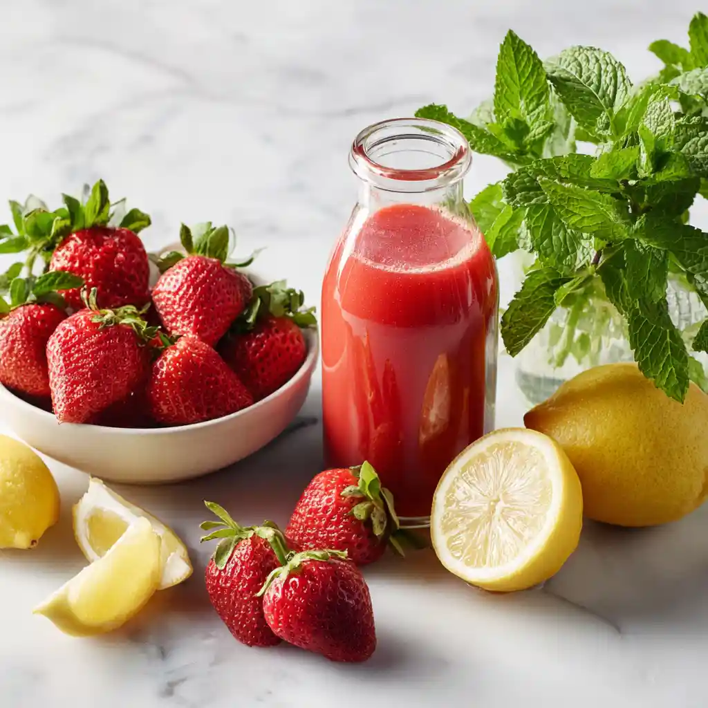 Ingrédients pour cocktail sans alcool : fraises fraîches, menthe, jus de fraises, limonade et citron disposés sur plan de travail