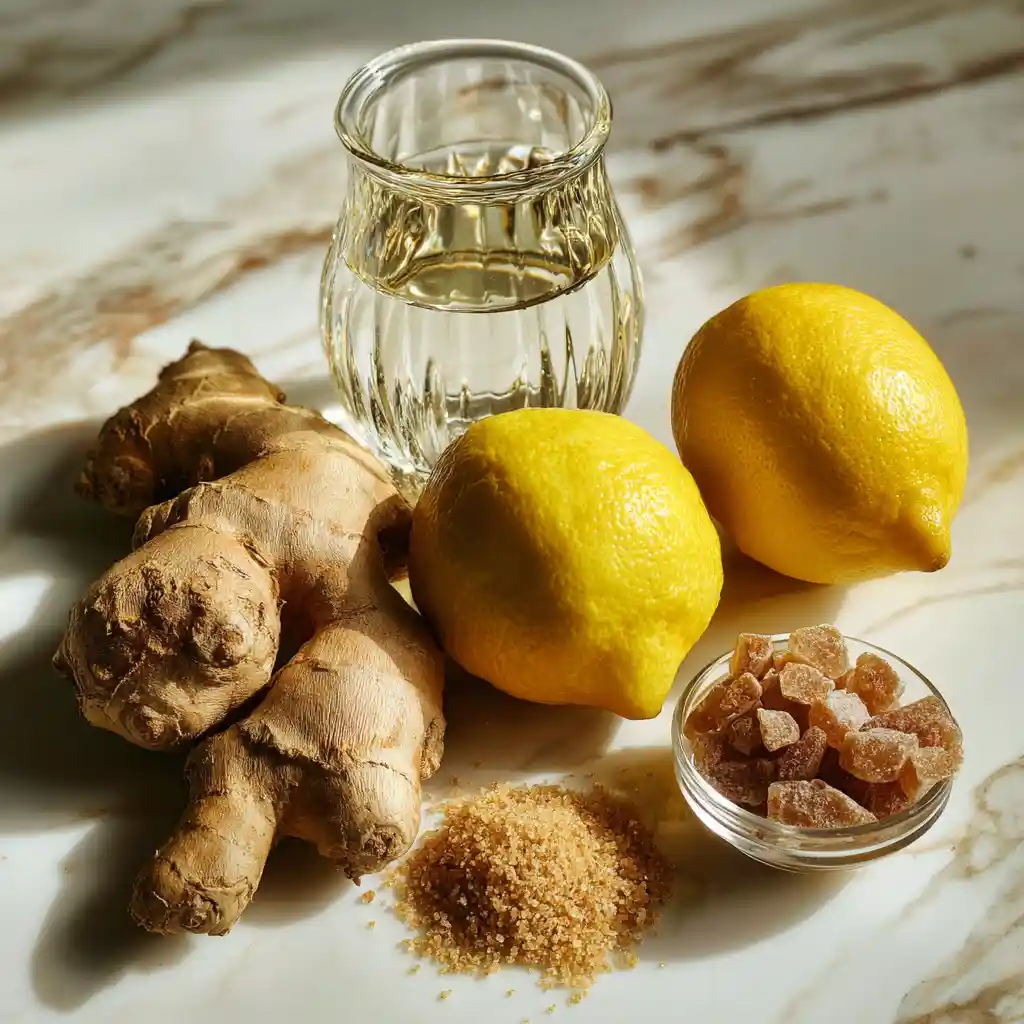 Ingrédients frais pour boisson gingembre citron : racine de gingembre, citrons bio, sucre roux et eau filtrée disposés sur table