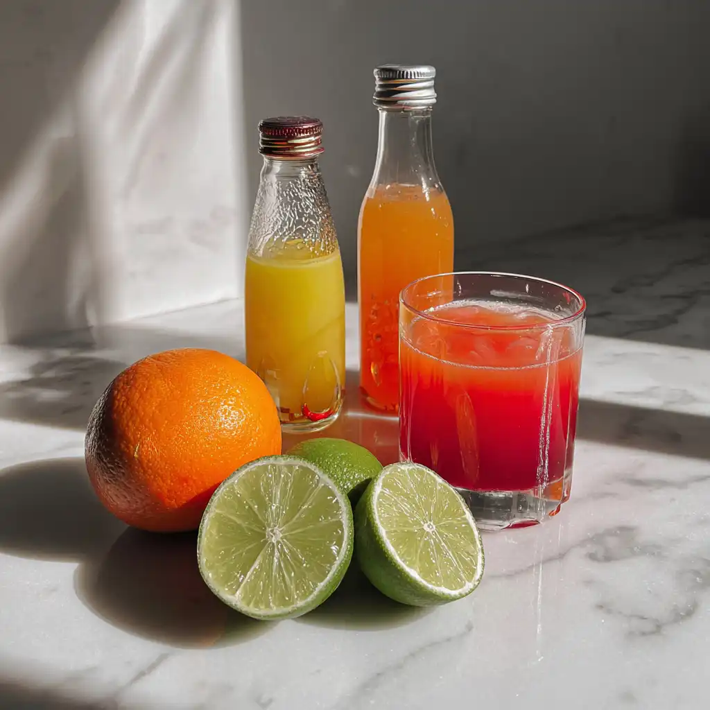 Ingrédients frais pour cocktail sans alcool simple : citrons verts coupés, jus d'orange fraîchement pressé et sirop de grenadine rouge