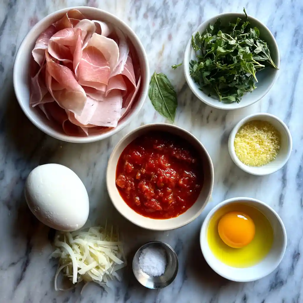 Ingrédients pour mini croissant apéro jambon : pâte feuilletée, jambon, mozzarella, sauce tomate, origan, œuf